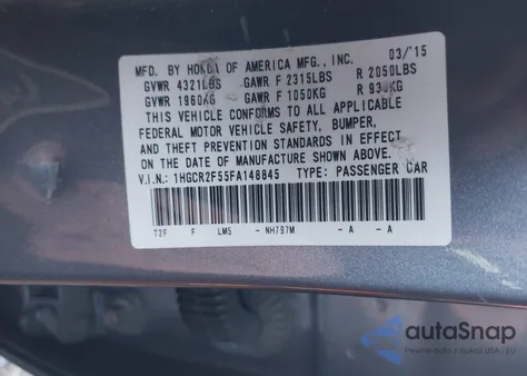 2015 Honda Accord Sport from USA, damaged, VIN 1HGCR2F55FA148845